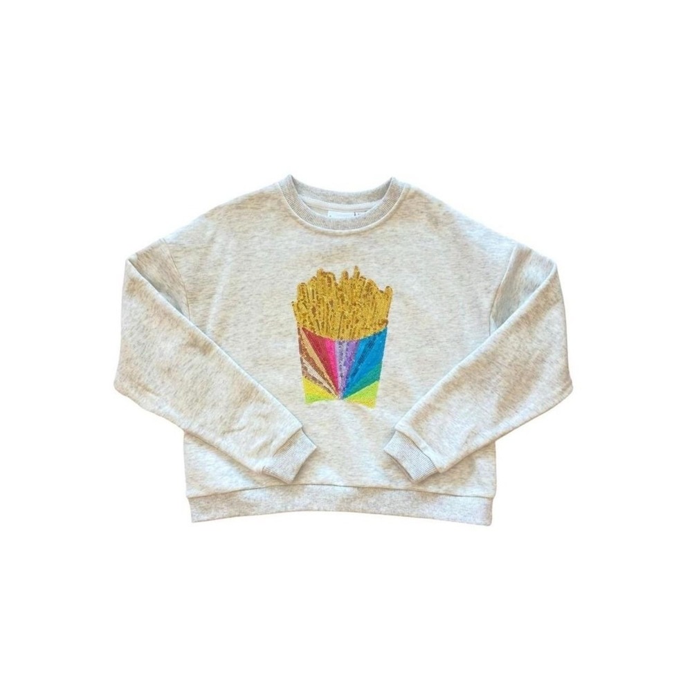 Queen of Sparkles French Fries Sequin Sweatshirt Gray Rainbow Girls Large